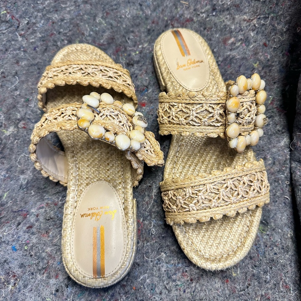 Sam Edelman Womens Elisa Slide Sandal Natural Raffia Sz 8 Stone Bead Buckle - Picture 2 of 5